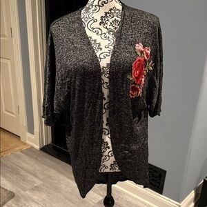 Chic Charcoal Cardigan with Red Floral Accent